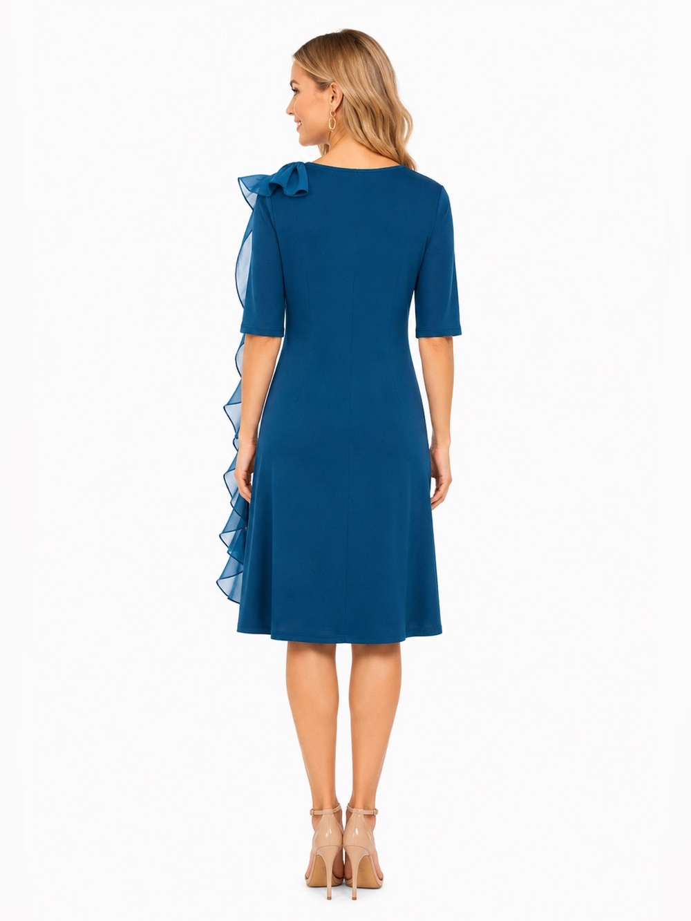 C Wonder by Christian Siriano Blue Cascade Organza Ruffle Cocktail Midi Dress - Picture 3 of 11